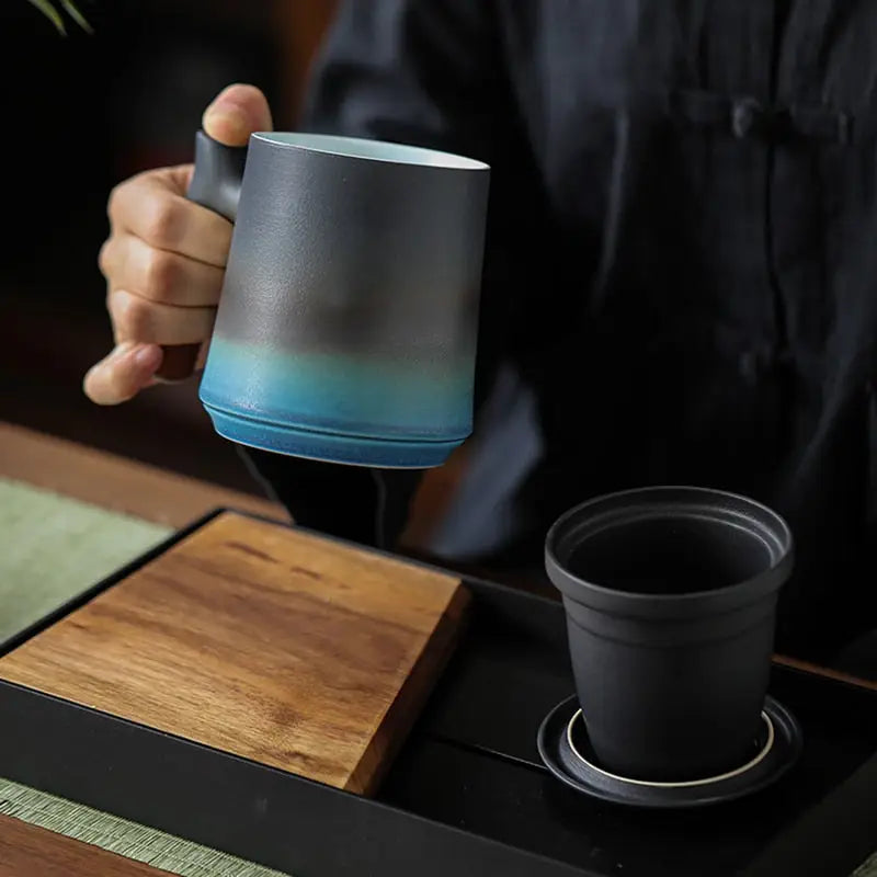 Gradient Blue Wooden Handle Mug