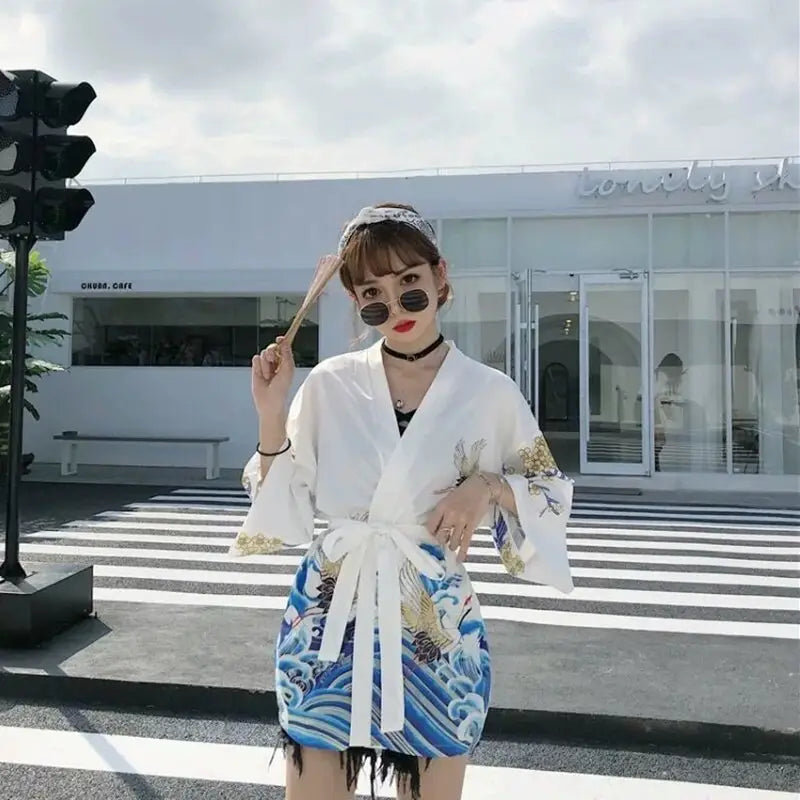 Birds Waves White Women’s Kimono Jacket